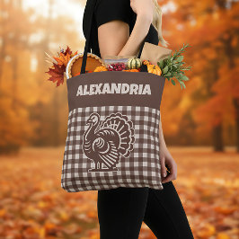 Kalkoen Bruin & Tan Plaid Naam Tote Bag
