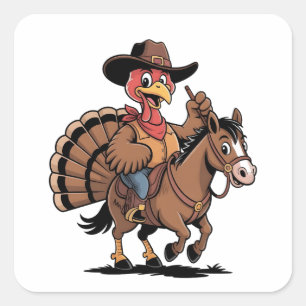 Kalkoen die op een paard rijdt Cowboy Kalkoen than Vierkante Sticker
