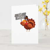 Kalkoen Eet Pizza Funny Thanksgiving Day Kaart (Gele Bloem)