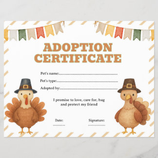 Kalkoen knuffel adopteer een huisdier certificaat flyer