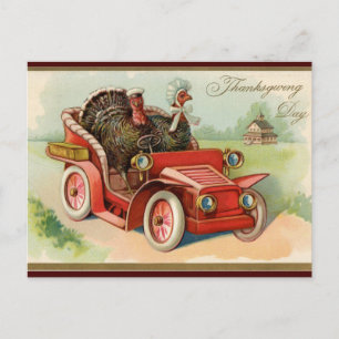  kalkoenen rijden in een auto Thanksgiving Briefkaart