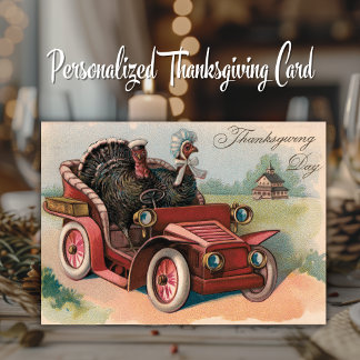 Kalkoenen rijden in een vintage auto met Thanksgiv Kaart