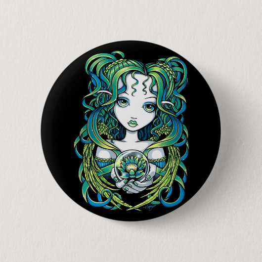 "Kallan" Green Lotus Water Angel Pinback Button (Voorkant)