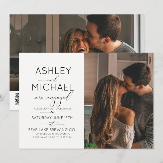 Kalligrafie 2 Foto QR Code Engagement Party Kaart (Voorkant / Achterkant)
