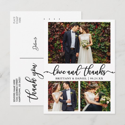 Kalligrafie 3 foto bruiloft collage dank u briefkaart (Voorkant / Achterkant)