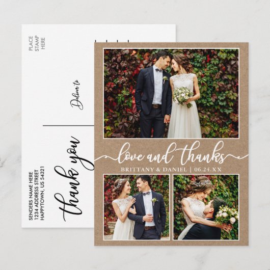 Kalligrafie 3 Foto Huwelijk Bedankt Kraft Briefkaart (Voorkant / Achterkant)
