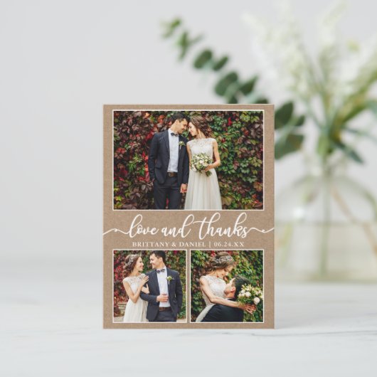 Kalligrafie 3 Foto Huwelijk Bedankt Kraft Briefkaart (Staand voorkant)