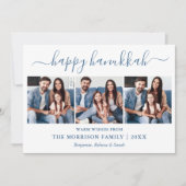 Kalligrafie 3 Foto Stofblauw Gingham Hanukkah Feestdagenkaart (Voorkant)