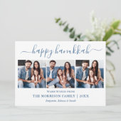 Kalligrafie 3 Foto Stofblauw Gingham Hanukkah Feestdagenkaart (Staand voorkant)