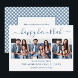 Kalligrafie 3 Foto Stofblauw Gingham Hanukkah Feestdagenkaart<br><div class="desc">Moderne Trendy Kalligrafie Script 3 Foto Familie Foto Collage Gelukkig Hanukkah Kaart - Stofblauw en Wit Gingham Plaid Achterkant</div>