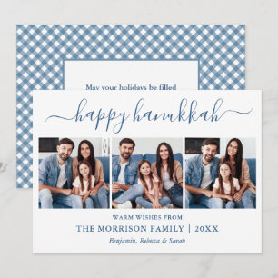 Kalligrafie 3 Foto Stofblauw Gingham Hanukkah Feestdagenkaart