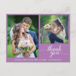 Kalligrafie 3 foto's bruiloft Dank u Paarse Briefkaart
