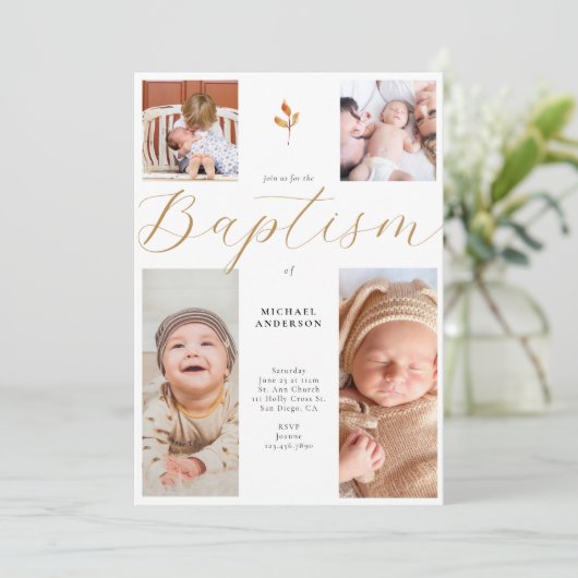 Kalligrafie 4 Fotocollage Cross Baby Doop Kaart (Staand voorkant)