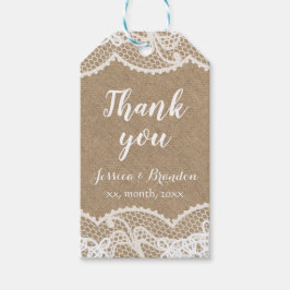 kalligrafie bedankt rustic burlap en lace cadeaulabel