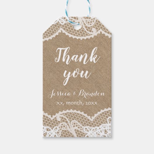 kalligrafie bedankt rustic burlap en lace cadeaulabel (Voorkant)