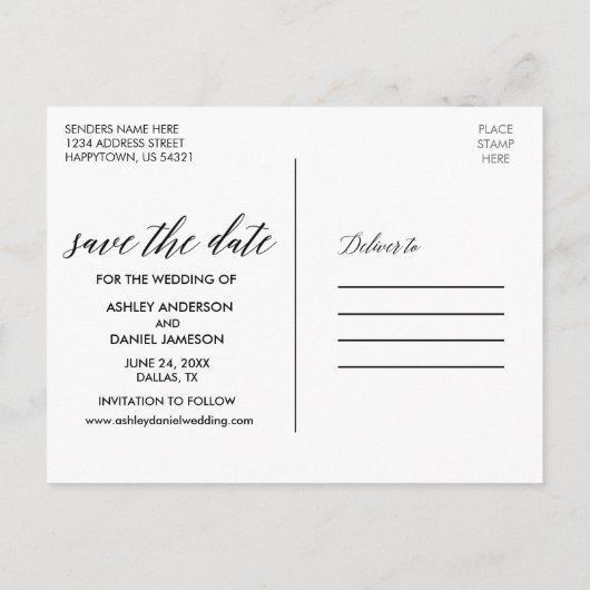 Kalligrafie Bewaar de datum Dusty Blue Pink Briefkaart (Achterkant)