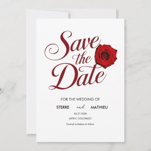 Kalligrafie bewerkbare rode roos bruiloft save the date (Voorkant)