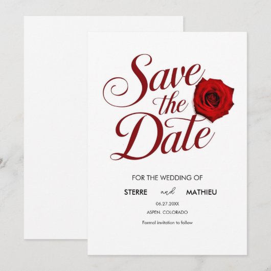 Kalligrafie bewerkbare rode roos bruiloft save the date (Voorkant / Achterkant)