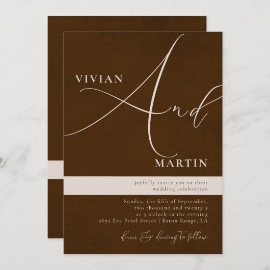 Kalligrafie Big Bold "En" Espresso Bruin Bruiloft Kaart (Voorkant / Achterkant)