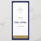 Kalligrafie Blauw Boarding Pass Bruiloft Menu (Achterkant)