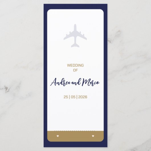 Kalligrafie Blauw Boarding Pass Bruiloft Menu (Achterkant)