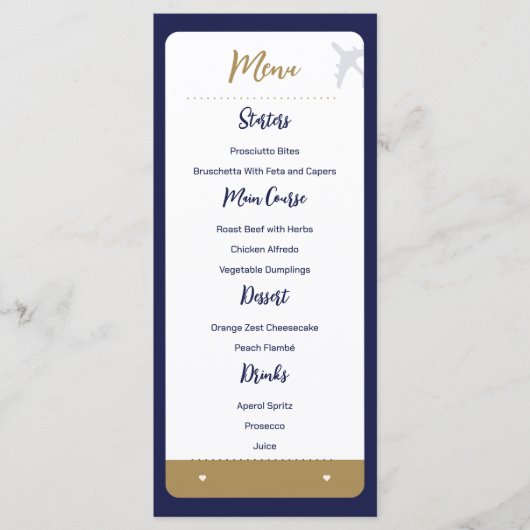 Kalligrafie Blauw Boarding Pass Bruiloft Menu (Voorkant)
