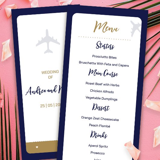 Kalligrafie Blauw Boarding Pass Bruiloft Menu