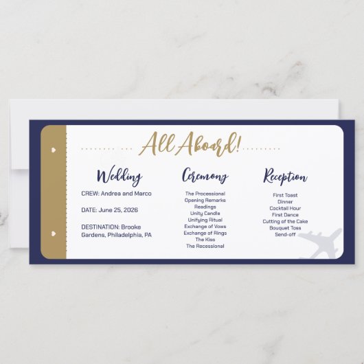 Kalligrafie Blauw Boarding Pass Trouwprogramma (Voorkant)