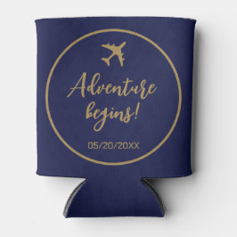 Kalligrafie blauw en goud boarding pass bruiloft blikjeskoeler