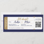 Kalligrafie blauw en goud boarding pass bruiloft kaart (Voorkant)
