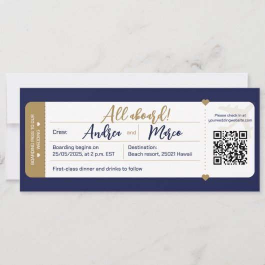 Kalligrafie blauw en goud boarding pass bruiloft kaart (Voorkant)