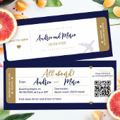 Kalligrafie blauw en goud boarding pass bruiloft kaart