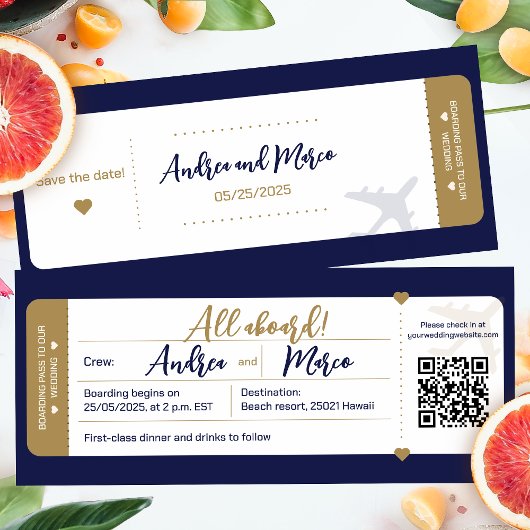 Kalligrafie blauw en goud boarding pass bruiloft kaart