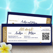 Kalligrafie blauw en goud boarding pass bruiloft kaart