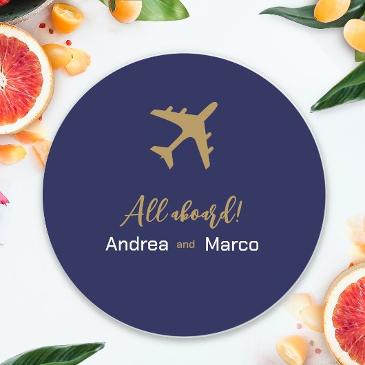 Kalligrafie blauw en goud boarding pass bruiloft ronde sticker