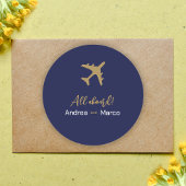 Kalligrafie blauw en goud boarding pass bruiloft ronde sticker