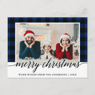 Kalligrafie Blauw Plaid Familie Foto Kerstmis Briefkaart