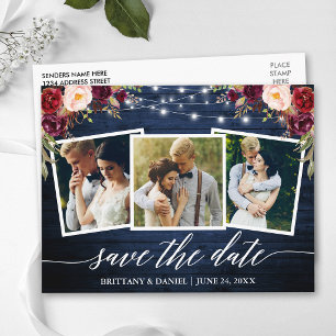 Kalligrafie Blauwe Houten Bloemstuk Save The Date Briefkaart