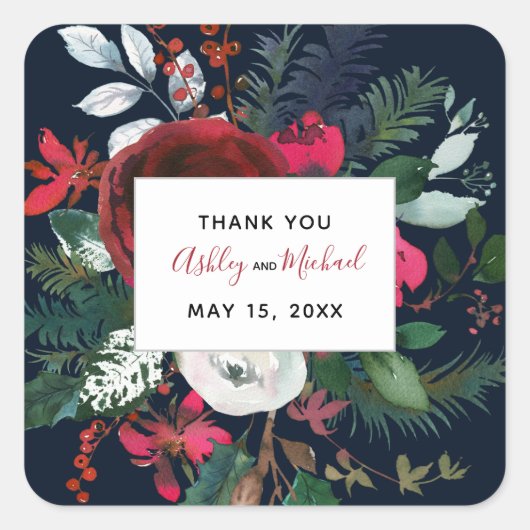 KALLIGRAFIE + BLOEI | Bourgogne & marine trouwdatu Vierkante Sticker (Voorkant)