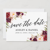 Kalligrafie Bloemen Bourgogne Save The Date Kaart (Voorkant)