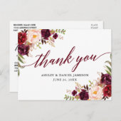 Kalligrafie bloemenbordeaux bruiloft dank u briefkaart (Voorkant / Achterkant)