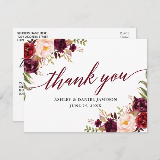 Kalligrafie bloemenbordeaux bruiloft dank u briefkaart (Voorkant / Achterkant)