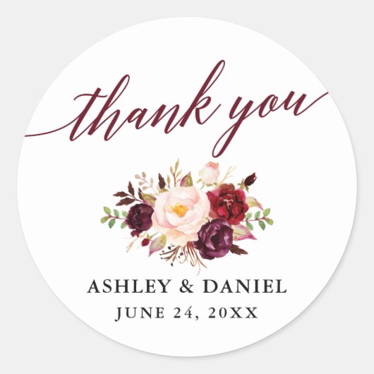 Kalligrafie bloemenbordeaux bruiloft dank u ronde sticker (Voorkant)