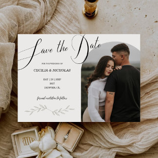 Kalligrafie Bloemstuk Horizontale Trouwfoto Save The Date