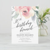 Kalligrafie blush floral 30ste verjaardag brunch kaart (Staand voorkant)