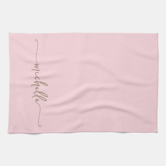 Kalligrafie Blush Roze Monogram Naam Goud Script Theedoek (Horizontaal)