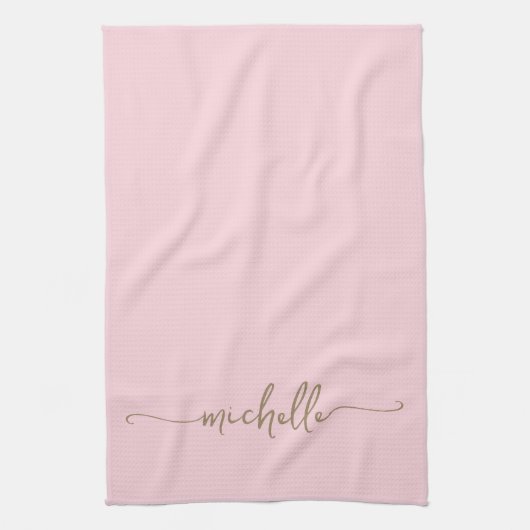 Kalligrafie Blush Roze Monogram Naam Goud Script Theedoek (Verticaal)