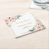 Kalligrafie blush roze rozen eucalyptus goud lijst kartonnen onderzetters (Schuin)