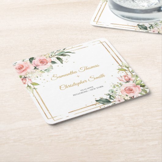 Kalligrafie blush roze rozen eucalyptus goud lijst kartonnen onderzetters (Schuin)