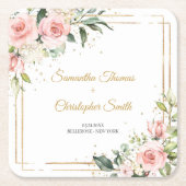 Kalligrafie blush roze rozen eucalyptus goud lijst kartonnen onderzetters (Voorkant)